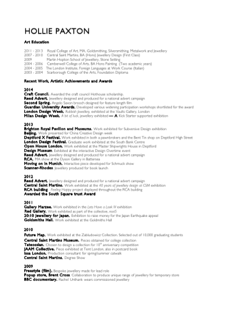 Curriculum Vitae Hollie Paxton Designer Maker
